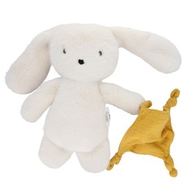 Peluche lapin crème et son doudou moutarde