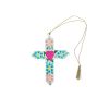 Suspension croix fleurie en bois multicolore