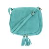 Sac à rabat cuir turquoise à pompons