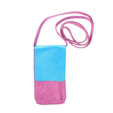 pochette de téléphone en cuir rose et bleu