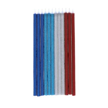 lot de 12 bougies bleus, argent et rouge