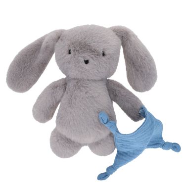 Peluche lapin gris et son doudou bleu