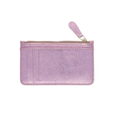 Porte-monnaie porte-cartes zip en cuir irisé rose clair