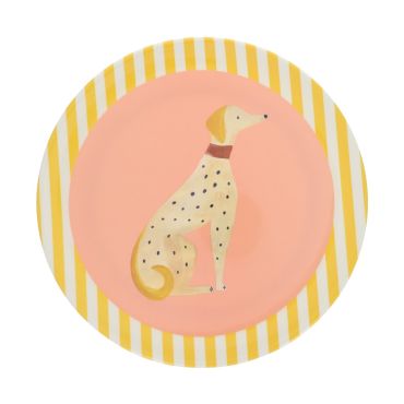 assiette en mélamine jaune et rose rayée