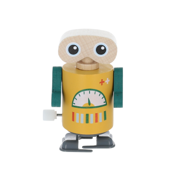 robot en bois jaune à remonter