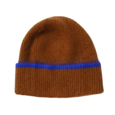 bonnet en tricot marron et bleu