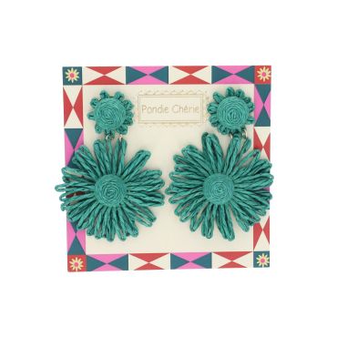 Boucles d'oreilles en raphia double fleurs vertes