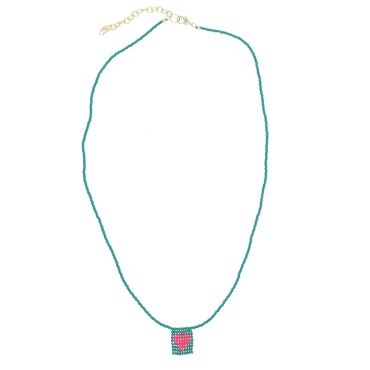 Collier en perles tissées vert coeur rose