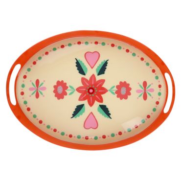 plateau métal orange et fleurs