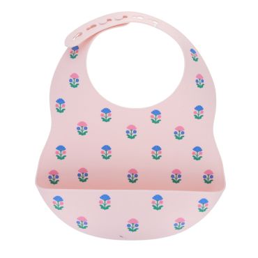 bavoir silicone rose et fleurs bleues