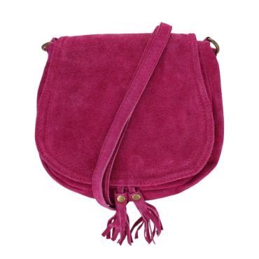Sac à rabat daim fushia à pompons